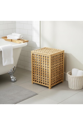 Deconox Kare Bambu Çamaşır Sepeti 40x40x56 Cm - İçi Bezli, Kapaklı Doğal Ahşap Kirli Sepeti Diğer