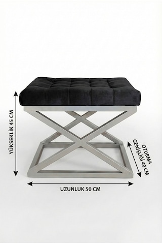 Nexus Babyface Kapitoneli Puf - Krom Metal X Ayaklı Modern Bench 50x40 Cm Siyah