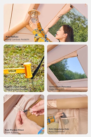 12 Kişilik 4 Mevsim Şişme Kamp Çadırı Su Geçirmez 210d Oxford Kumaş 12 M2 400x300x200 Cm Bej