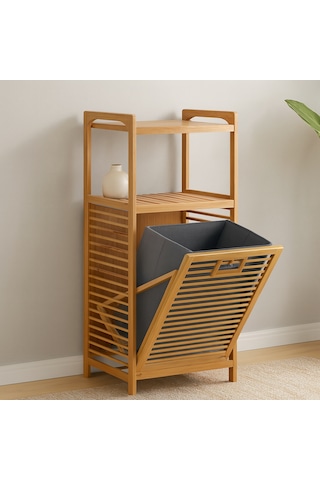 Buradabulabilirsin 2 Katlı Bambu Çamaşır Sepeti Önden Çek-aç Organizer 40x35x95 Cm Bbz