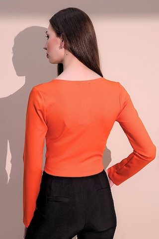 WeShaya Kadın Oranj Uzun Kol Yeni Tarz Kruvaze, Kaşkorse, Likralı Crop Bluz Oranj
