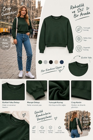 Luxıc Core Kadın Crop Bisiklet Yaka Sweatshirt Pamuklu Yumuşak Dokulu Günlük Spor Sweatshirt Yeşil