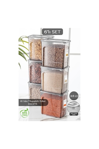 Meleni Home 6'lı Mega 3,5 Litre Bakliyat Kabı - Etiketli Lena Kavanoz Erzak Saklama Kabı