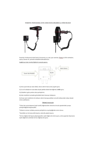 Powertec TR-301 Askı Aparatlı Otel Tipi Profesyonel Saç Kurutma & Fön Makinesi
