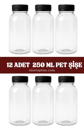 250ml Pet Yuvarlak Şişe Ve Siyah Kapak 6 Adet Şeffaf - Siyah