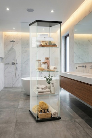 Cam Raflı Kapaklı Düzenleyici Banyo Dolabı Çok Amaçlı Lavabo Malzeme Dolap Havluluk Organizer Siyah-3raf
