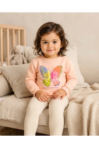 Tuffy Pudra Renkli Kız Bebek Sweatshirt Kelebek Detaylı