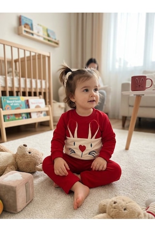 Güneş Kids Kız Çocuk Tavşan Figürlü İkili Takım Kırmızı