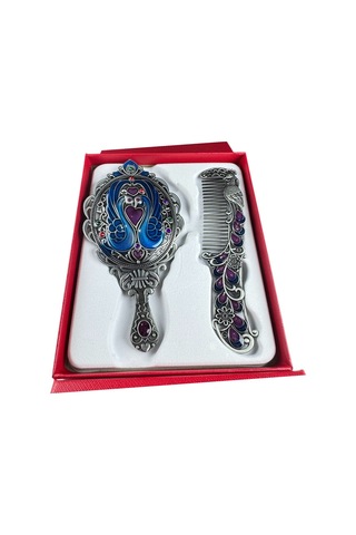 Tavus Kuşu Desenli Vintage Ayna Tarak Seti Özel Tasarım Ve Özel Kutulu 13,5 Cm & 13 Cm Mavi