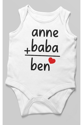 Anne Baba Ve Ben Baskılı Bebek Zıbını Çıtçıtlı Body %100 Pamuk Sıfır Kol Beyaz