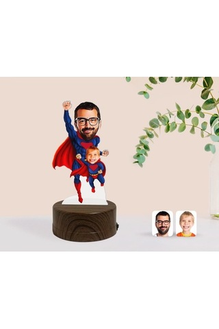 Kişiye Özel Süper Baba Ve Çocuk Karikatürlü Dekoratif 3D Biblo Le