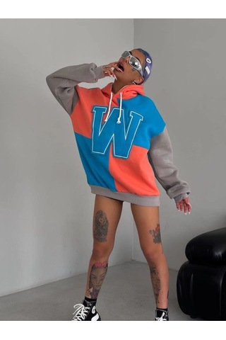 Mbb E-ticaret Kadın W Nakış İşlemeli Kapüşonlu 3 İplik Pamuklu Parçalı Sweatshirt Hoodie - Mavi