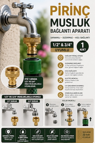 Pirinç Musluk Bağlantı Aparatı 1/2" 3/4" Uyumlu Hortum Adaptörü 1 Adet 3 CM