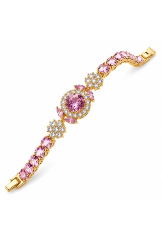 Pembe Zirkon Taşlı Gold Kadın Bileklik - Çiçek Ve Oval Taş Detaylı Tasarım Altın - Pembe