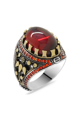 Kırmızı Zirkon Taşlı Oval Tasarım 925 Ayar Gümüş Erkek Yüzük (429371964)