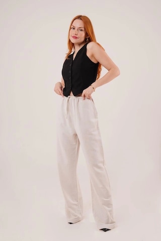 Defymoda Cepli Bağlama Detaylı Keten Ekru Pantolon Ekru