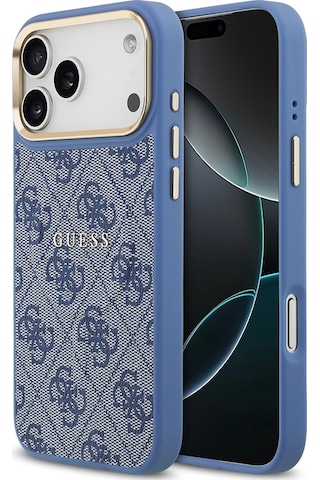 Apple Uyumlu iPhone 17 Pro Max Kılıf Guess M-safe Şarjlı Gold Kamera Çerçeve Pu Deri Yazı Logolu Kahverengi Mavi Mavi