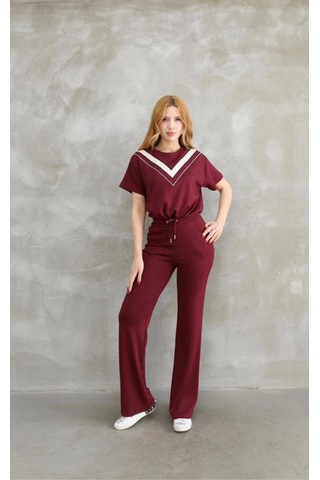 Modaserdem Osy Modal Yumuşak Dokulu Kumaş Bisiklet Yaka Parçalı Detaylı Kısa Kollu Takım - Bordo Bordo