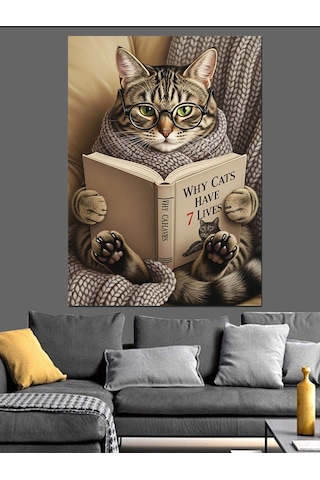 Ahşap Tablo Yatakta Kitap Okuyan Kedi