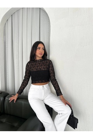 Dantel Uzun Kol Bluz- Siyah Siyah