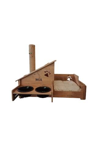 Realwood Ahşap Seramik Kaseli Tırmalama Çubuklu Açık Kapalı Kedi Evi