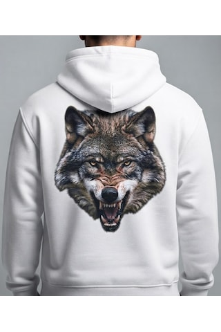 Berru Butik & Textil Kartal Ve Kurt Figürlü Baskı Detaylı Kapşonlu Hoodie / Sweatshirt Kişiselleştirilebilir Beyaz