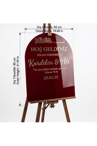 Bordo Akrilik Düğün Karşılama Panosu 50x80 Cm Gold Yazılı Nikah Tabelası Büyük Boy