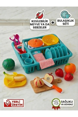 Dede 35 Parça Çocuk Mutfak Oyun Seti Bulaşıklık Tabak Tencere Seti + Kesilebilen Meyve Sebze Seti