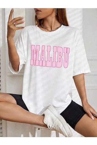 Malibu T-shirt - Beyaz Baskılı Oversize Bisiklet Yaka Kısa Kol Tişört Beyaz
