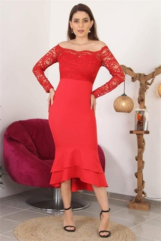Dipmoda Kadın Yeni Sezon Eteği Kat Kat Dantel Detaylı Midi Abiye Elbise Swll03 Kırmızı