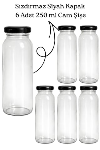 Cam Şişe 250 Ml 6 Lı Kapaklı Meyve Suyu, Smoothie, Limonata, Detoks, Mini Kavanoz