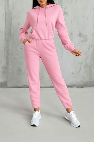 Ahes Shopping Kadın Uzun Kollu Kapşonlu Bağcıklı Üç Iplik Bluz Ve Pantolon Ikili Takım Pembe