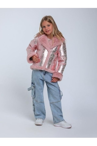 Kız Çocuk Parlak Kumaş İçi Peluş Detaylı Tasarım Mont-14266 Pembe