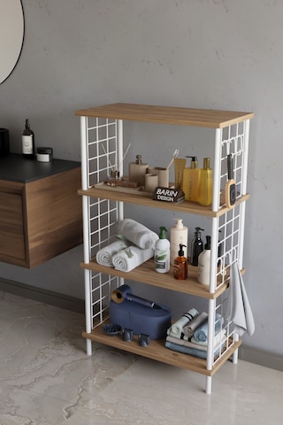 4 Katlı Çevir Kur Beyaz Metal Telli Banyo Rafı Çok Amaçlı Düzenleyici, Organizer Stand Banyo Dolabı Atlantik Çam