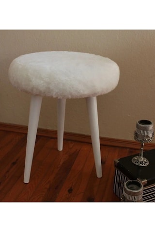 Neta Home Ahşap Ayak Dekoratif Beyaz Peluş Puf Tabure Bench Yuvarlak Koltuk Sandalye Beyaz