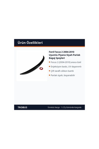 Trobus Ford Focus 2 2004-2010 Uyumlu Piyano Siyah Parlak Bagaj Spoyleri
