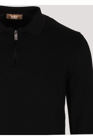 Erkek Polo Yaka Triko Siyah Slim Fit Yarım Fermuarlı Balık Sırt Desenli Pamuklu Kazak Ncs Jeans 3006-siyah Siyah
