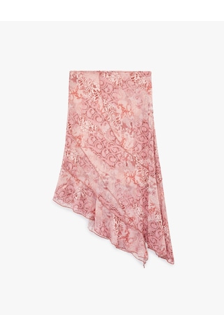Koton Asimetrik Tül Detaylı Slim Fit Midi Etek Pembe Desenli 6sal70070ık
