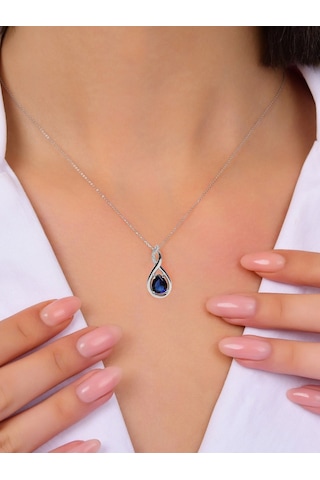 Brezza Lusso Jewelry Gümüş Su Damlası Pırlanta Model Safir Zirkon Taşlı Gümüş Kolye 45 CM