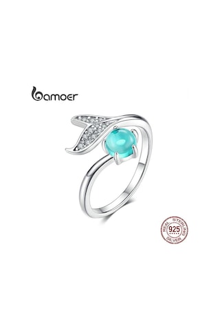 Bamoer Denizkızı Yüzük 925 Ayar Gümüş Mavi Okyanus Taş Gözyaşı Balık Kuyruğu Yüzükler