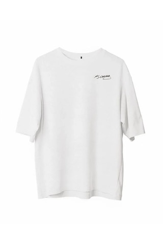 Modi Unisex Bisiklet Yaka Baskılı Oversize T-shirt - Beyaz - Mymg180606
