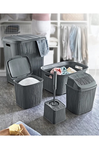 Dalgalı 5 Parça Banyo Seti Kirli Çamaşır Sepeti Deterjanlık Çöp Kovası Temiz Çamaşır Sepeti Çeyizlik Gri Gri
