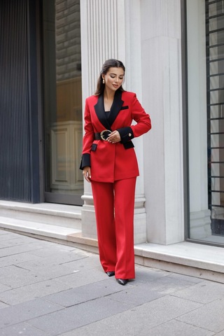 Gold Kemerli Garnili Kruvaze Takım Kırmızı Kırmızı