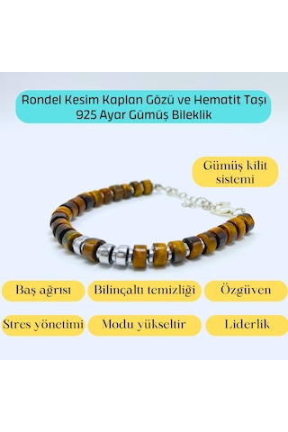 Yıldız Doğal Taş Rondel Kesim Kaplan Gözü ve Hematit Doğal Taş Gümüş Bileklik 6 MM