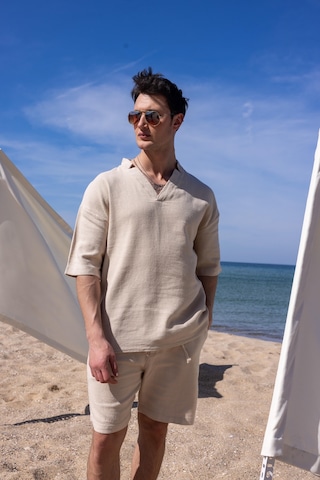 Bej Renk V Yaka Gömlek Şort Erkek Yıkamalı Keten Takım-1737 Bej