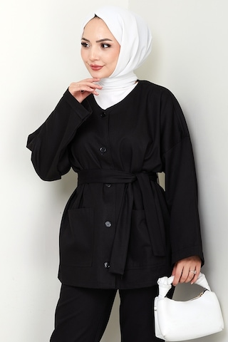 Bestenur Kemerli Ceket Pantolon Gabardin Takım 1557 - Siyah Siyah