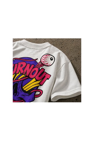 Yolo Street Unisex Oversize Beyaz Tişört Burnout Kuru Kafa Baskılı Amuk Streetwear Grafik T-shirt Beyaz1
