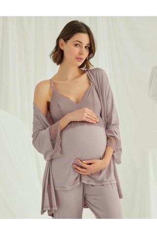 Birolgaye 1767 Pudra Modal Penye Hamile Lohusa 3 Lü Pijama Sabahlık Tk