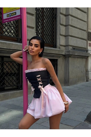 Havens Mate Jean Büstiyer & Balon Etek Takım Pembe