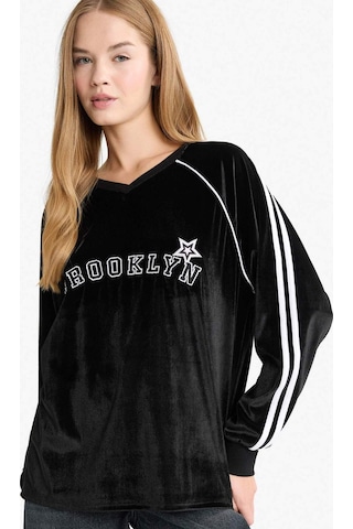 Defacto Oversize Geniş Kalıp V Yaka Baskılı Kadife Sweatshirt G3729ax25wnbk81 Siyah-bk81